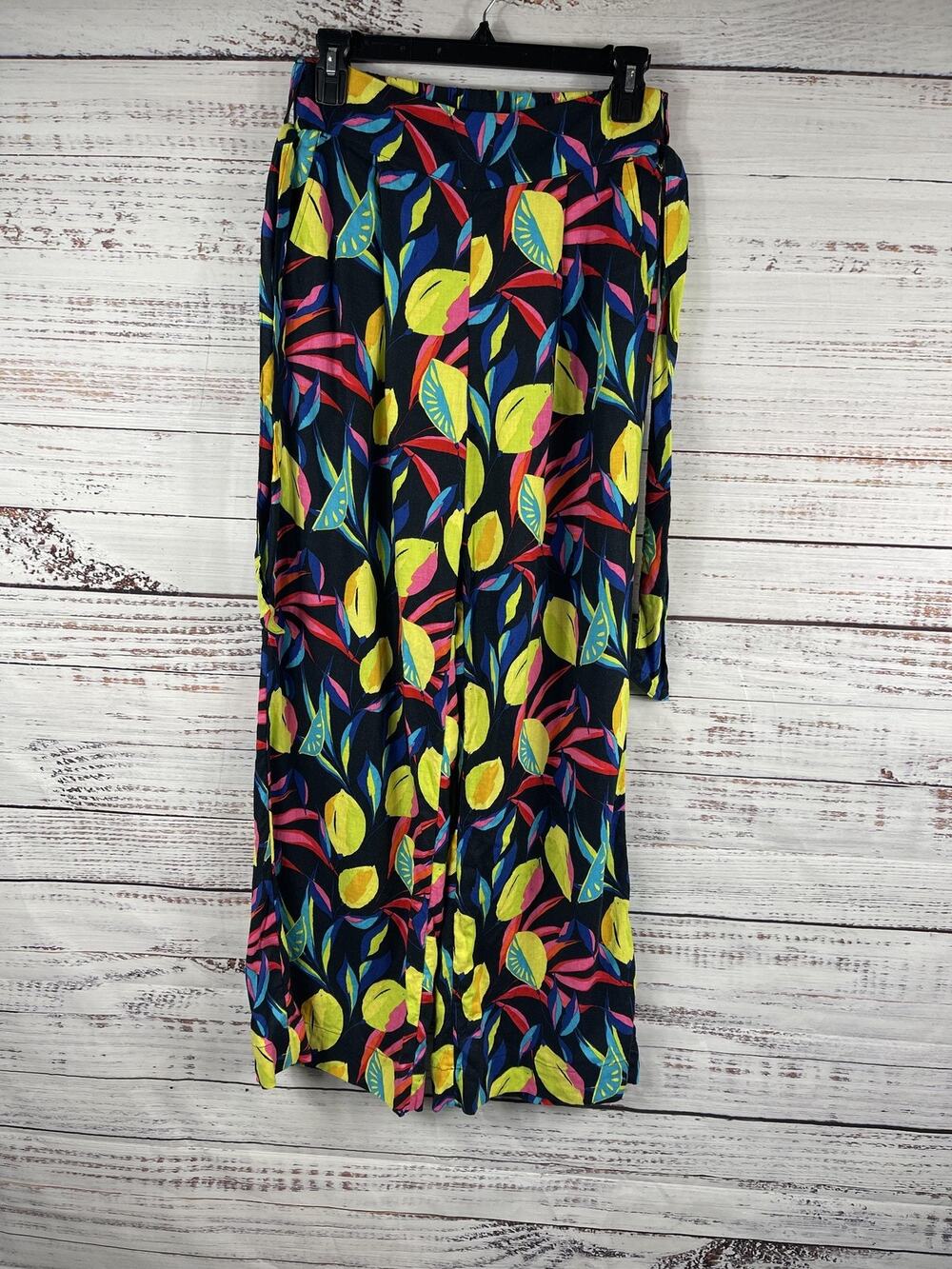Tabitha Brown Pants Women's XS Multicolor Tropical Floral Wide Leg Linen Belted